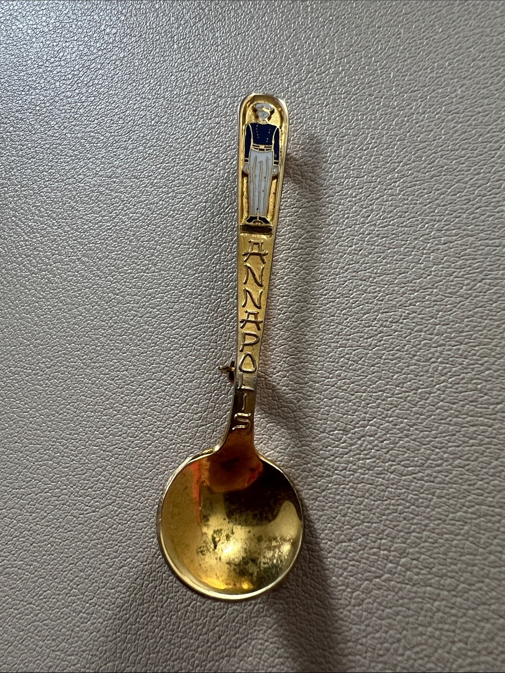 Vintage Annapolis Souvenir Spoon Brooch Gold Tone USNA Midshipman Enamel Pin